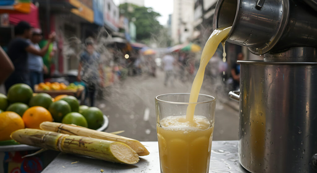 海外移住先ブラジルの街角で搾りたてのサトウキビジュースがグラスに注がれる様子