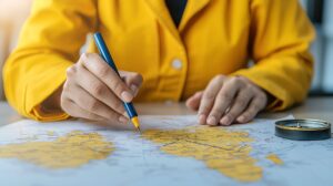 コーチングを通して理想の人生設計を描く様子を示す地図とペンを持つ手