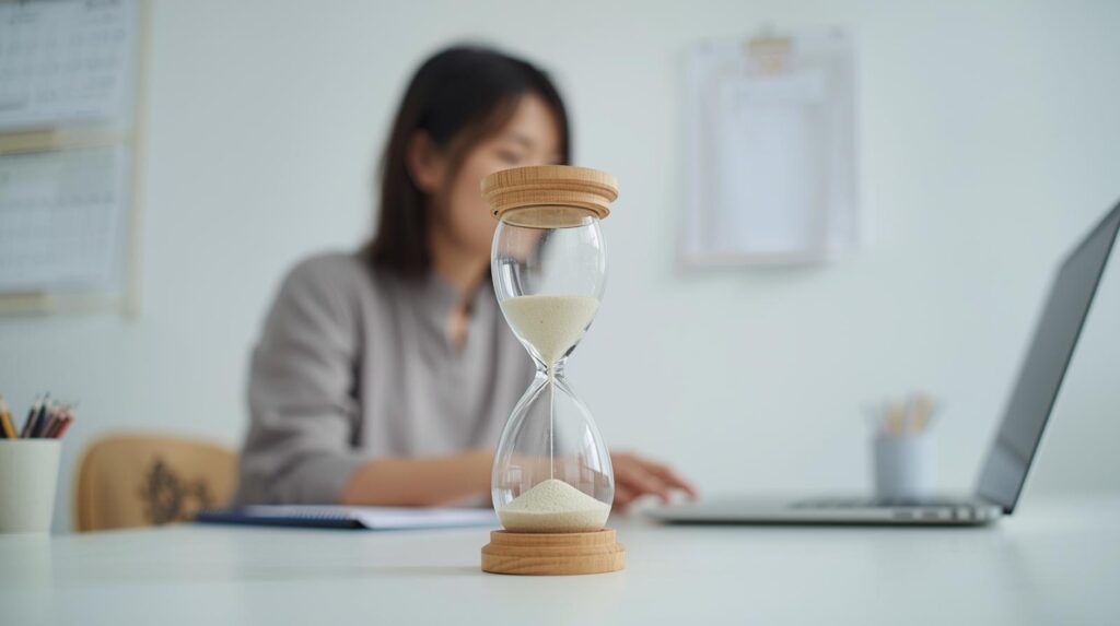 自己都合退職後のt待機期間を示す砂時計と働く女性のイメージ